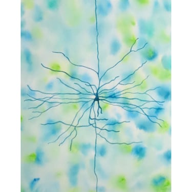 Green and Blue Neuron after Cajal- original watercolor painting of neuron - neuroscience art 