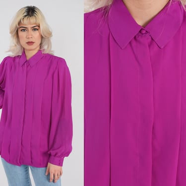 Fuchsia Blouse 80s Pink Hidden Button Up Top Pleated Formal Preppy Collared Shirt Long Puff Balloon Sleeve Simple Vintage 1980s Large 12 