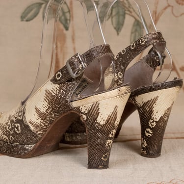 1940s Shoes - Size 7.5 - Rare Vintage 40s Monitor Lizard Platform Heels with Peeptoe Sandal Vamp and Slingback 
