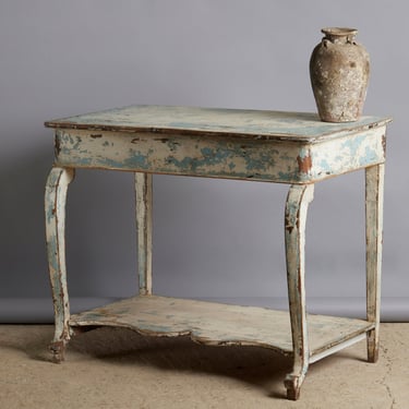 French 19th Century Walnut Server in Blue &amp; White Old Painted Finish &amp; Shaped Lower Shelf