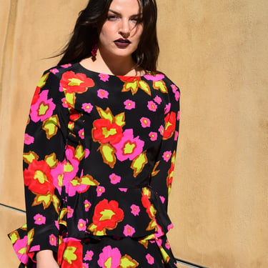Scaasi Neon Floral Silk Ruffle Skirt Dress Vintage 80s Sz M 