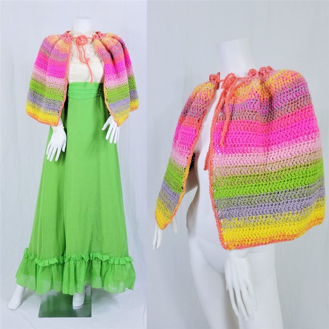 Candy Colored 1970's Neon Stripe Hand Knit Cape I Caplet I Shawl 