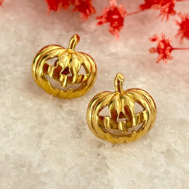 Vintage Gold Toned Pumpkin Jack-O-Lantern Spooky Szn Halloween Themed Studs 