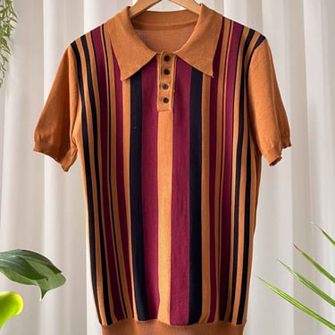 50s Brown Striped Banlon Polo Shirt