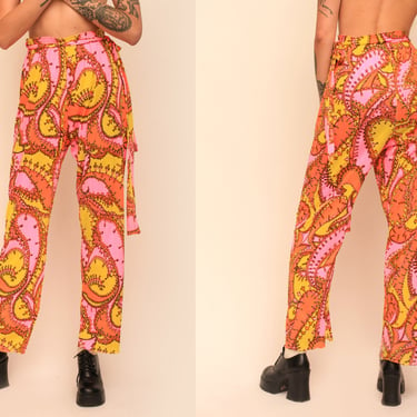 Vintage 1960s Technicolor Day Glo Paisley Psychedelic Print High Waisted Flare Wide Leg Pants Trousers 