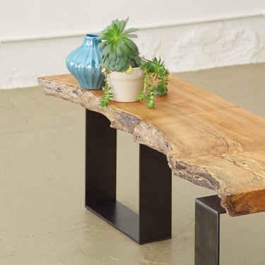 live edge maple bench from urban salvage wood and high recycled content steel - north | west bench - modern industrial natural edge 