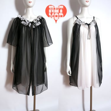 Fluffy Vintage 60s 70s Black White Babydoll Peignoir Nightgown Lingerie Set 