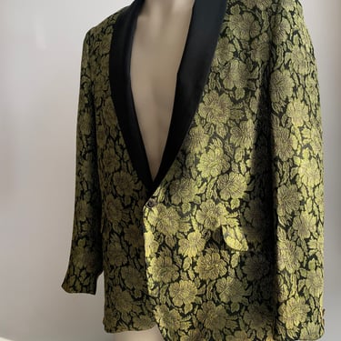 1950's Western Tux Jacket - Shawl Collar - TREGO'S WESTWEAR - Iridescent Gold Brocade Floral Print - Satin Lining - Men's Size 42 Regular 