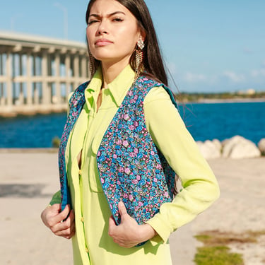 60s Blue Denim Reversable Vest Vintage Cropped Sleeveless Short Floral Vest 