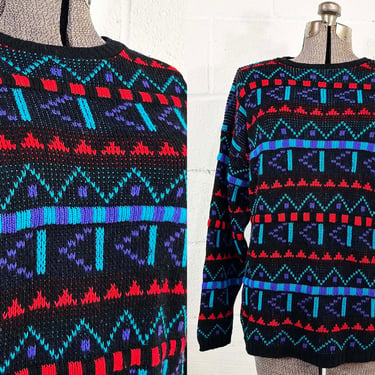 Vintage Black Colorful Sweater 1980s Long Sleeves Geometric Knit Design Rainbow Pattern Cozy In Resource Doris Skis 1990s XL Large XXL 