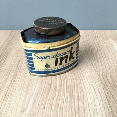 Parker Superchome Ink tin and bottle - vintage stationery supply 
