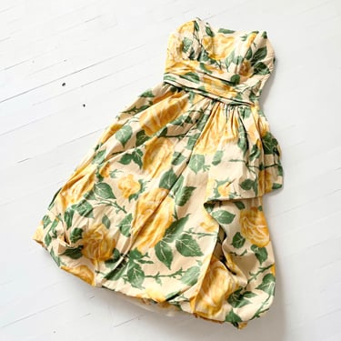 1950s Yellow Rose Print Bubble Hem Strapless Dress 