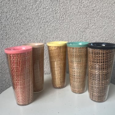 Vintage 60s Plastic Tall Tumblers Rattan Raffia Wicker Insulated Set 5 6.5” X 3” 