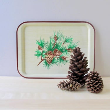 extra large vintage pinecone TV tray faux woodgrain cabin decor brown rim 