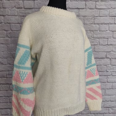 Vintage 80s White Blue and Pink Soft Sweater // Geometric Chunky Knit 
