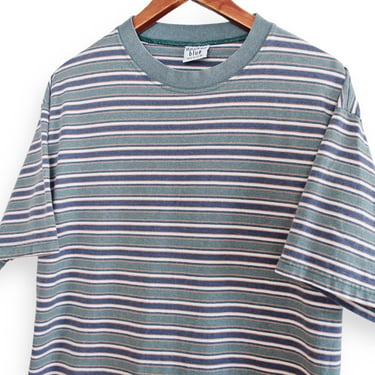 90s striped shirt / boxy fit shirt / 1990s green and blue surf striped boxy fit t shirt Medium 