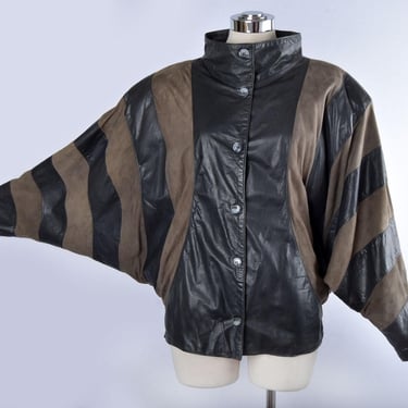 80s USA knit × leather dolman haori JKT 80's Leather & Suede Jacket, Stripe Circles Dolman Sleeve