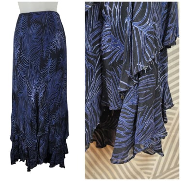 Vintage Layered Ruffle Skirt 18 Maxi Long Feather Print Sequin Elastic Waist Alt 