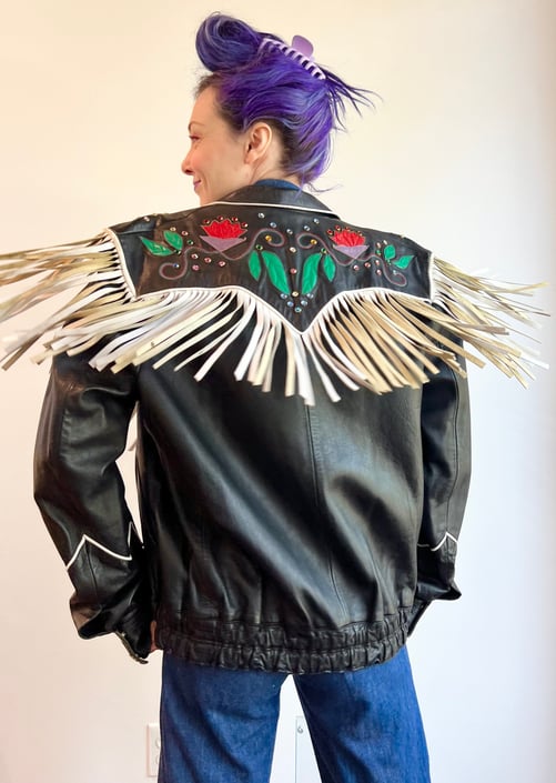 80's/90's Black Leather White Fringe Bejeweled Rainbow