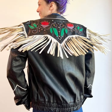 80’s/90’s Black Leather White Fringe Bejeweled Rainbow Rhinestone Western Jacket