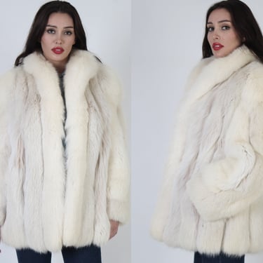 Sakowitz Plush Ivory Fox Fur Jacket / Arctic Apres Ski Coat / Chubby Natural Striped Sleeves / Leather Panel Inlay Winter Overcoat 