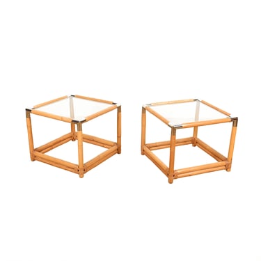 Pair, Bamboo + Rattan Glass Accent Tables w Chrome Details
