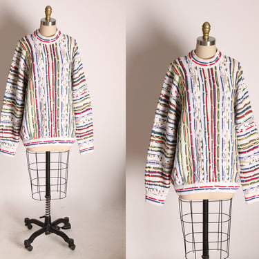 1980s White Multi-Colored Abstract Knit Long Sleeved Funky Sweater by Coogi -L 