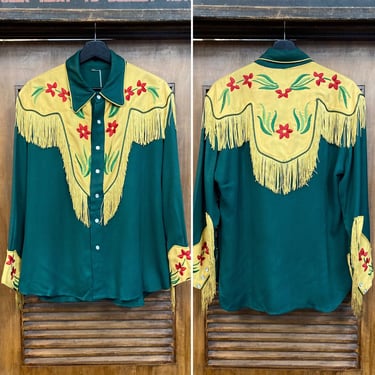 Vintage 1950’s Two-Tone Fringe Western Cowboy Gabardine Rodeo Rockabilly Shirt, 50’s Snap Button Shirt, Vintage Clothing 