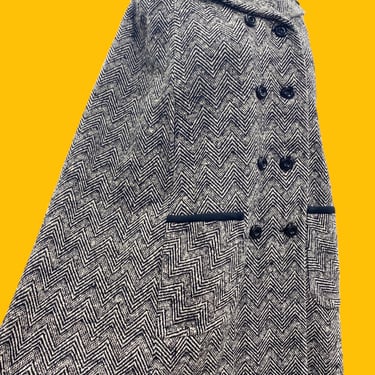 Vintage Milano Wool Cape Retro 1960s Mid Century Modern + No Size Tag + Black/White + Herringbone + Button Front + Fall/Winter MCM Outerwear 