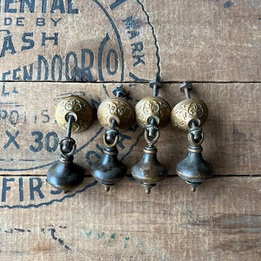Set of 4 1890s Brass and Walnut Victorian Eastlake Tear Drop Drawer Pulls 