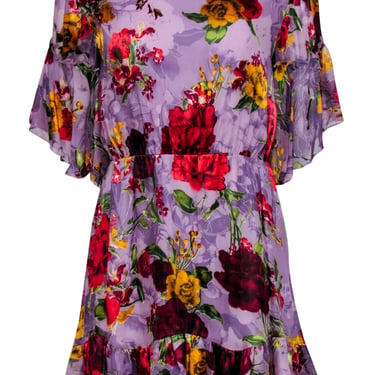 Alice & Olivia - Purple w/ Multicolor Burnout Floral Print Ruffled Mini Dress Sz 6