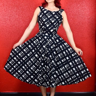 1950s Black & White Plaid Cotton Dress 