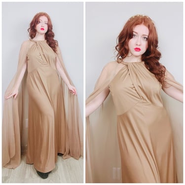 1970s Vintage Roaman's Brown Sheer Cape Dress / 70s / Seventies Grecian Knit Maxi Goddess Gown / XL - XXL 