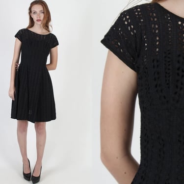 Black 50s Eyelet Dress / 1950s Rockabilly Full Skirt Dress / Vintage All Over See Through Cut Out Dress / Womens Plain Mini Dress 