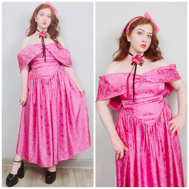 1980s Vintage Silky Pink Floral Party Dress / 80s / Eighties Off Shoulder Princess Cut Dress / Size Medium - Large 