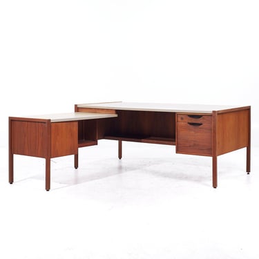 Jens Risom Mid Century Walnut and Leather Top Corner Desk - mcm 