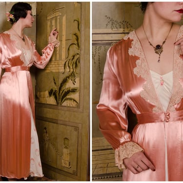 1930s Dressing Gown - Exquisite Old Hollywood 30s Pink Rayon Charmeuse Satin Robe with Romantic Lace Trim VOLUP 