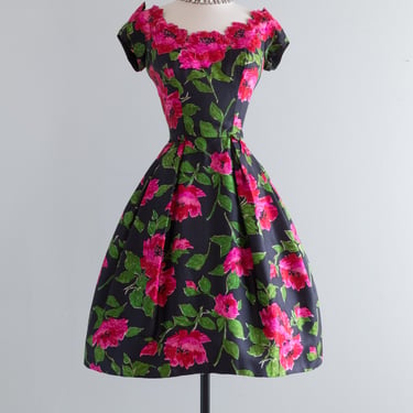 Stunning Early 1960's Silk Poppy Print Cocktail Party Dress / Waist 26&quot;
