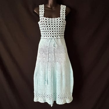 vintage crochet dress blue open knit sundress small 