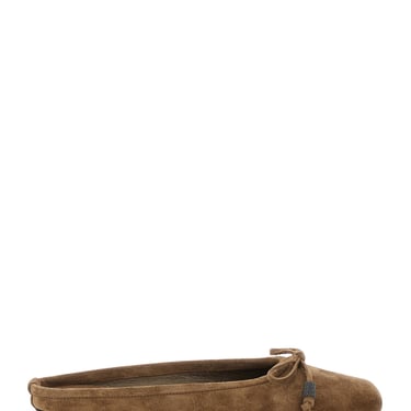 Brunello Cucinelli Beige Ballet Shoes With Square Toe And Bow With Monil Detail In Leather Woman