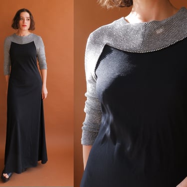 Vintage 70s Black and Silver Gown/ 1970s Space Age Rhinestone Trim Long Sleeve Dress/ Size Medium 