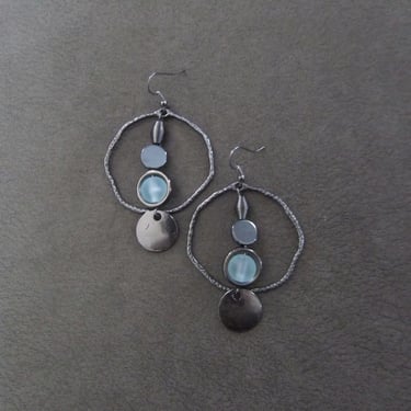 Hammered gunmetal earrings, hoop earrings, frosted glass earrings, industrial earrings, unique statement earrings, ice blue earrings 