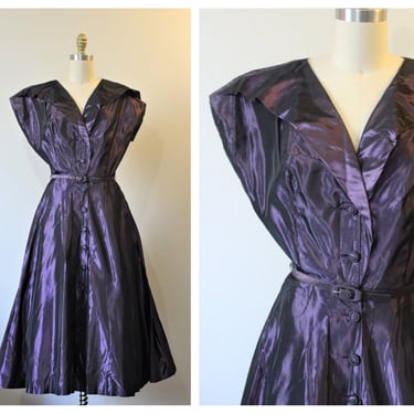 Vintage 1950s Saba of California Sue Mason Fit & Flare Plum Purple Iridescent taffeta sharkskin Dress // US 4 6 