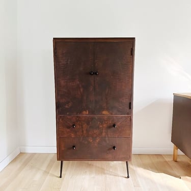 Vintage art deco walnut, burl and mahogany bar cabinet with dimmable lit mirror 