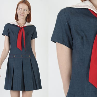 Vintage 50s Sailor Inspired Dress / Nautical Red Bow Tie / Wide Roll Shawl Collar / Kick Pleat Preppy Mini Frock 