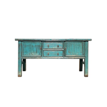 Vintage Chinese Distressed Turquoise Blue Foyer Narrow Side Console Table ws4394E 