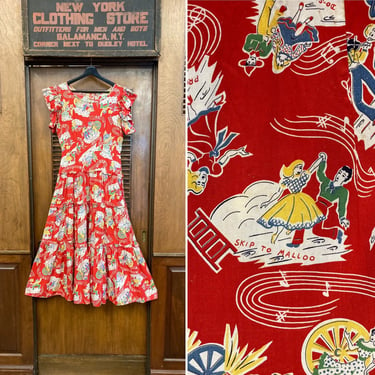 Vintage 1950’s Full Circle Square Dance Cotton Rockabilly Western Cowboy Dress, Vintage Novelty Print, Rockabilly, Music Print, Square Dance 