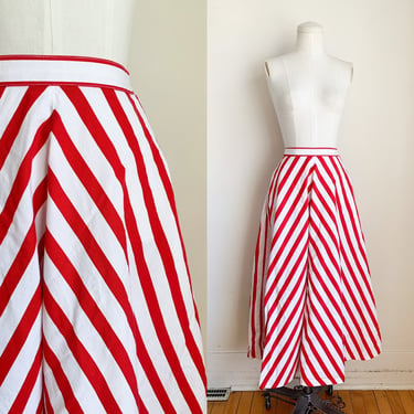 Vintage 1980s Red & White Chevron Striped Midi Skirt / S 