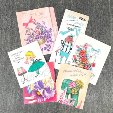 6 Birthday and Mother's Day Greeting cards - vintage 1950s and 1960s - used 