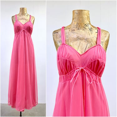 Vintage 1960s Hot Pink Virginia Wallace Empire Nightgown, Mid-Century Cerise Nylon Chiffon/Tricot Peignoir, Small 34 Inch Bust 